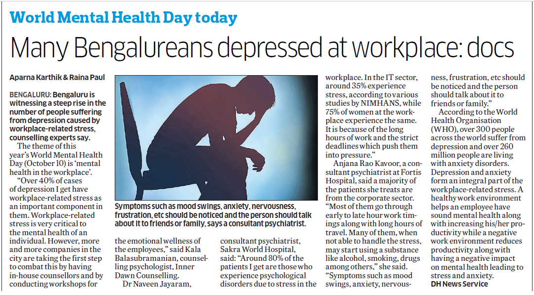 Mental health day 2017 - Workplace stress on the rise - Inner Dawn Counsellor Kalas Views featured on Deccan Herald