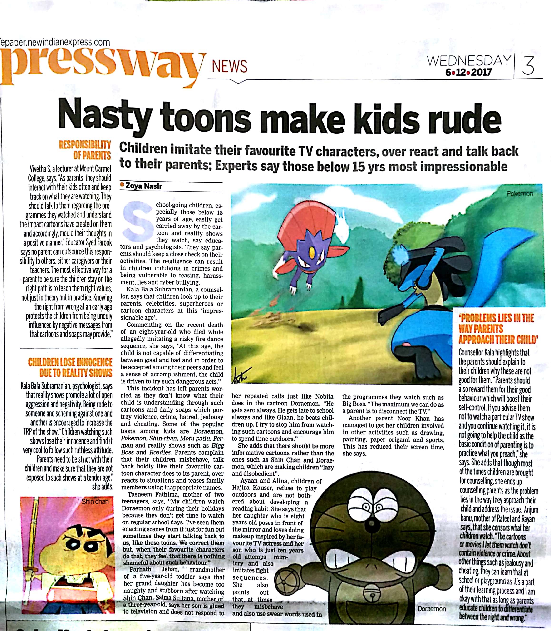 Rude and Nasty TV Show characters impact Children - Inner Dawn Counsellor -Kala Balasubramanians views featured in Indian Express