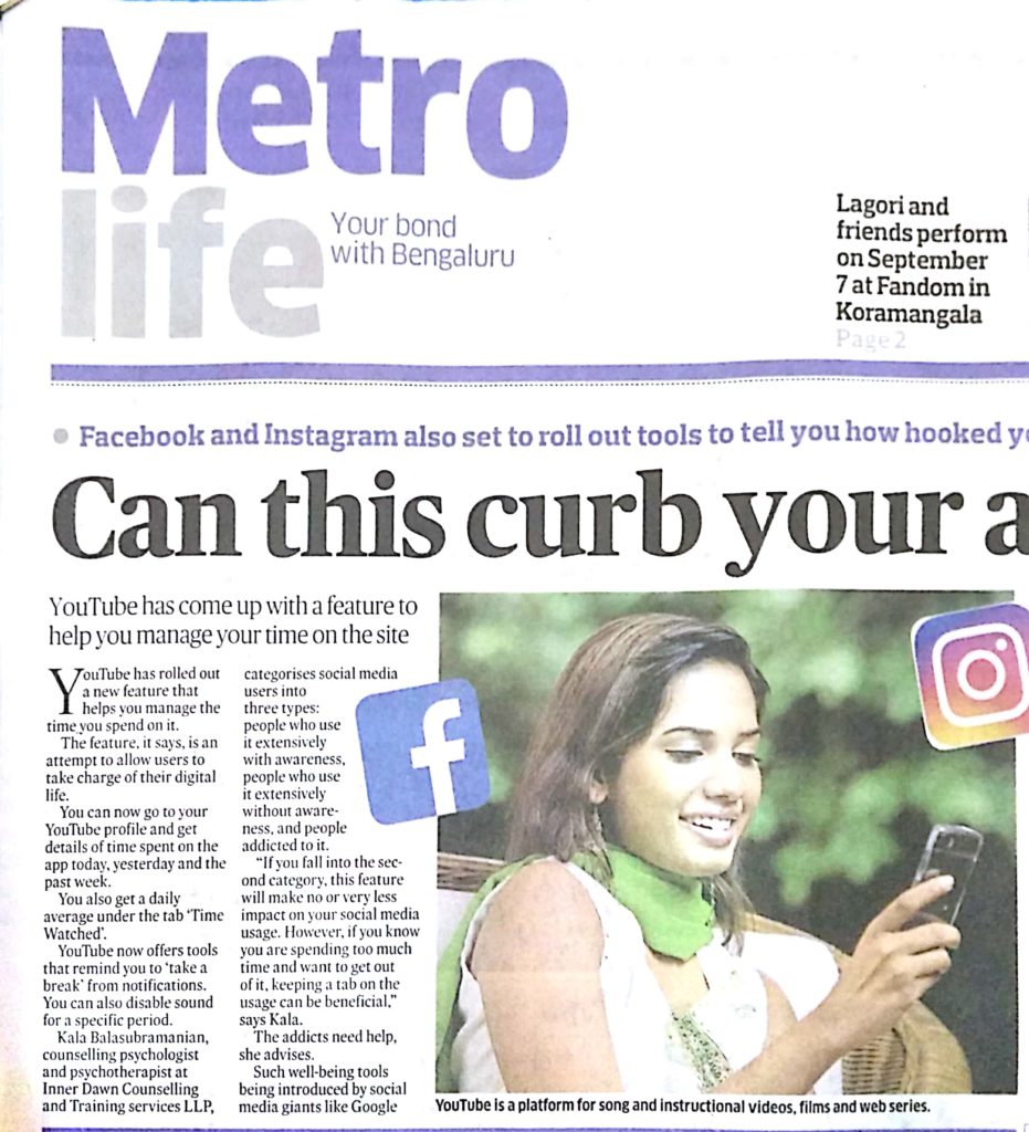 Can these digital wellbeing tools curb your addiction to social media- Inner Dawn Counsellor Kalas views featured on Deccan Herald