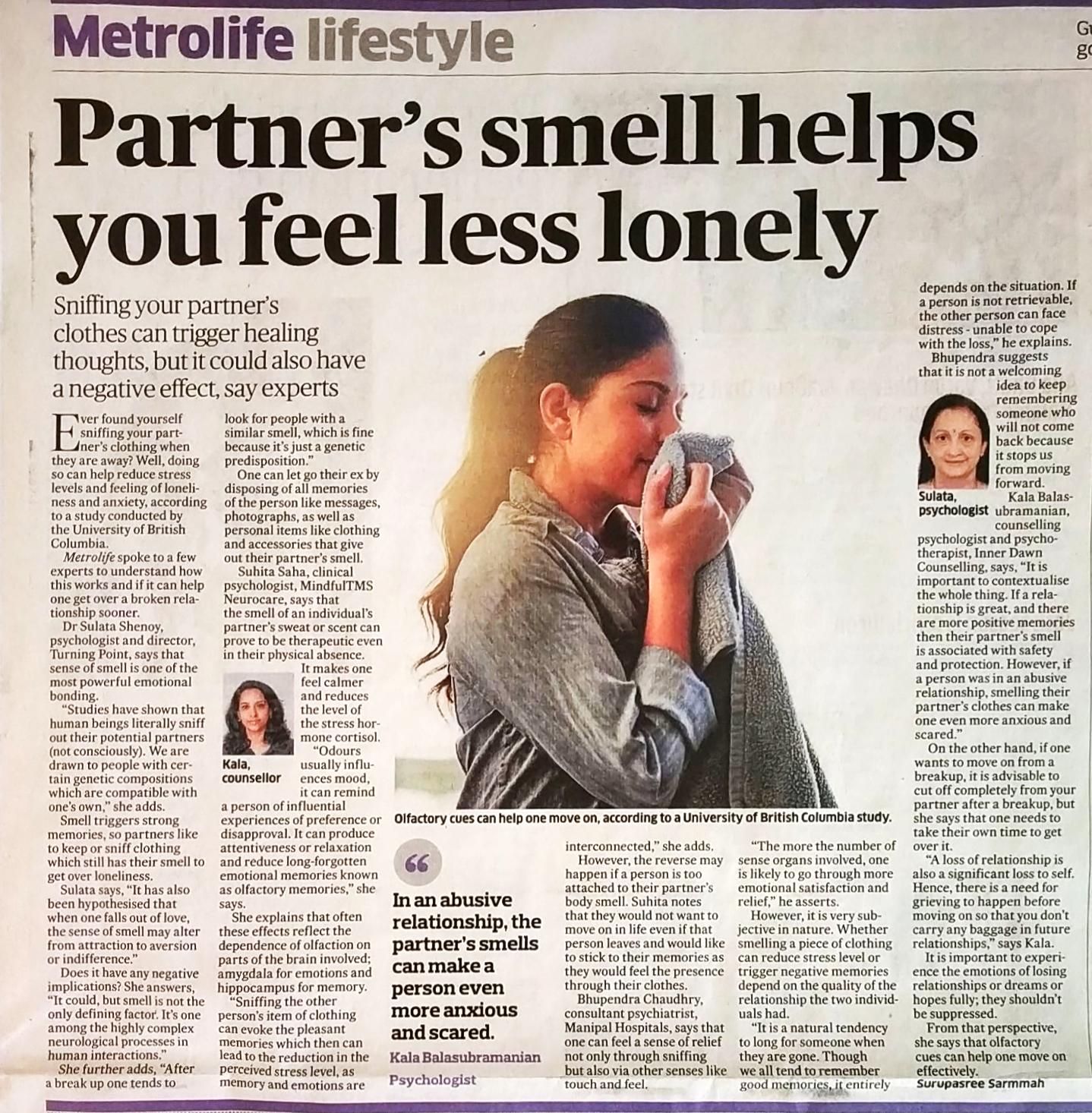 Deccan Herald-Your partners smells and effect on you- Inner Dawn Counsellor Kala Balasubramanians views featured