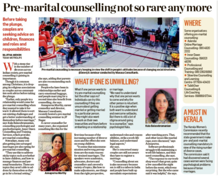 Premarital counselling-Deccan herald-Kala’s views featured